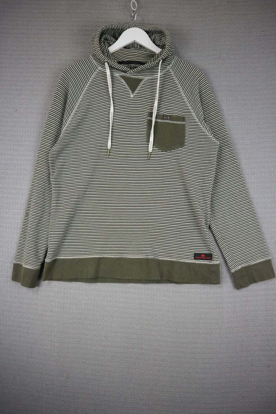 Parasuco Striped Pullover Hoodie Olive Green White Thermal Knit XL Womens